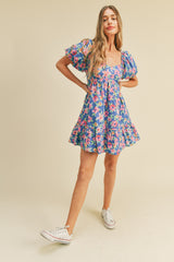 Blue Pink Floral Floral Puff Sleeve Babydoll Mini Dress