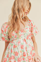 White Coral Floral Floral Puff Sleeve Babydoll Mini Dress