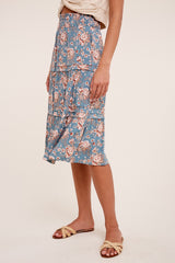 Sage Floral Printed Tiered Midi Skirt