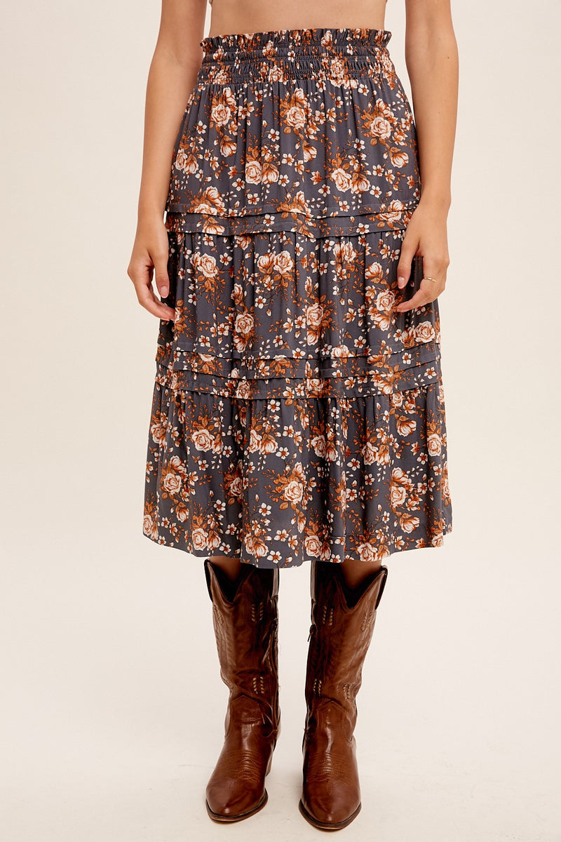 Vintage Blue Floral Printed Tiered Midi Skirt – PinkBlush