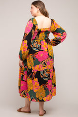 Black Floral Long Sleeve Maternity Plus Midi Dress