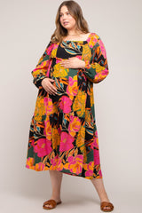 Black Floral Long Sleeve Maternity Plus Midi Dress