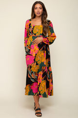 Black Floral Long Sleeve Maternity Midi Dress