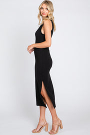 Black Sleeveless Ribbed Midi Dress