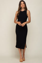 Black Sleeveless Ribbed Maternity Midi Dress