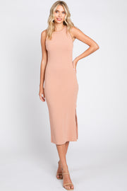 Peach Sleeveless Ribbed Midi Dress