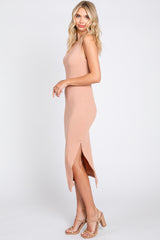 Peach Sleeveless Ribbed Midi Dress