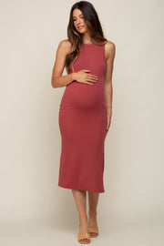 Burgundy Sleeveless Ribbed Maternity Midi Dress