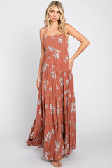 Rust Floral Square Neck Tiered Maxi Dress