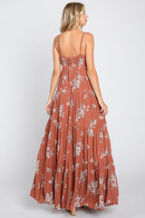 Rust Floral Square Neck Tiered Maxi Dress