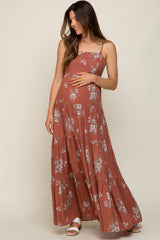 Rust Floral Square Neck Tierde Maternity Maxi Dress