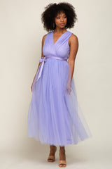 Lavender Wrap V-Neck Waist Tie Tulle Midi Dress