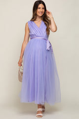 Lavender Wrap V-Neck Waist Tie Tulle Maternity Midi Dress