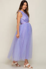 Lavender Wrap V-Neck Waist Tie Tulle Maternity Midi Dress