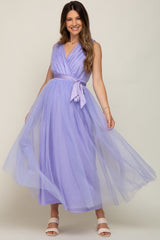 Lavender Wrap V-Neck Waist Tie Tulle Maternity Midi Dress