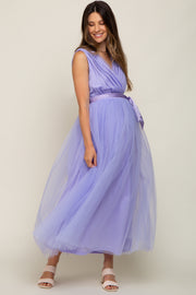 Lavender Wrap V-Neck Waist Tie Tulle Maternity Midi Dress