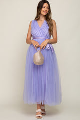 Lavender Wrap V-Neck Waist Tie Tulle Maternity Midi Dress