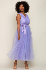 Lavender Wrap V-Neck Waist Tie Tulle Midi Dress