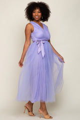 Lavender Wrap V-Neck Waist Tie Tulle Midi Dress