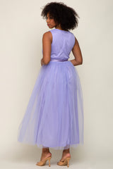 Lavender Wrap V-Neck Waist Tie Tulle Midi Dress