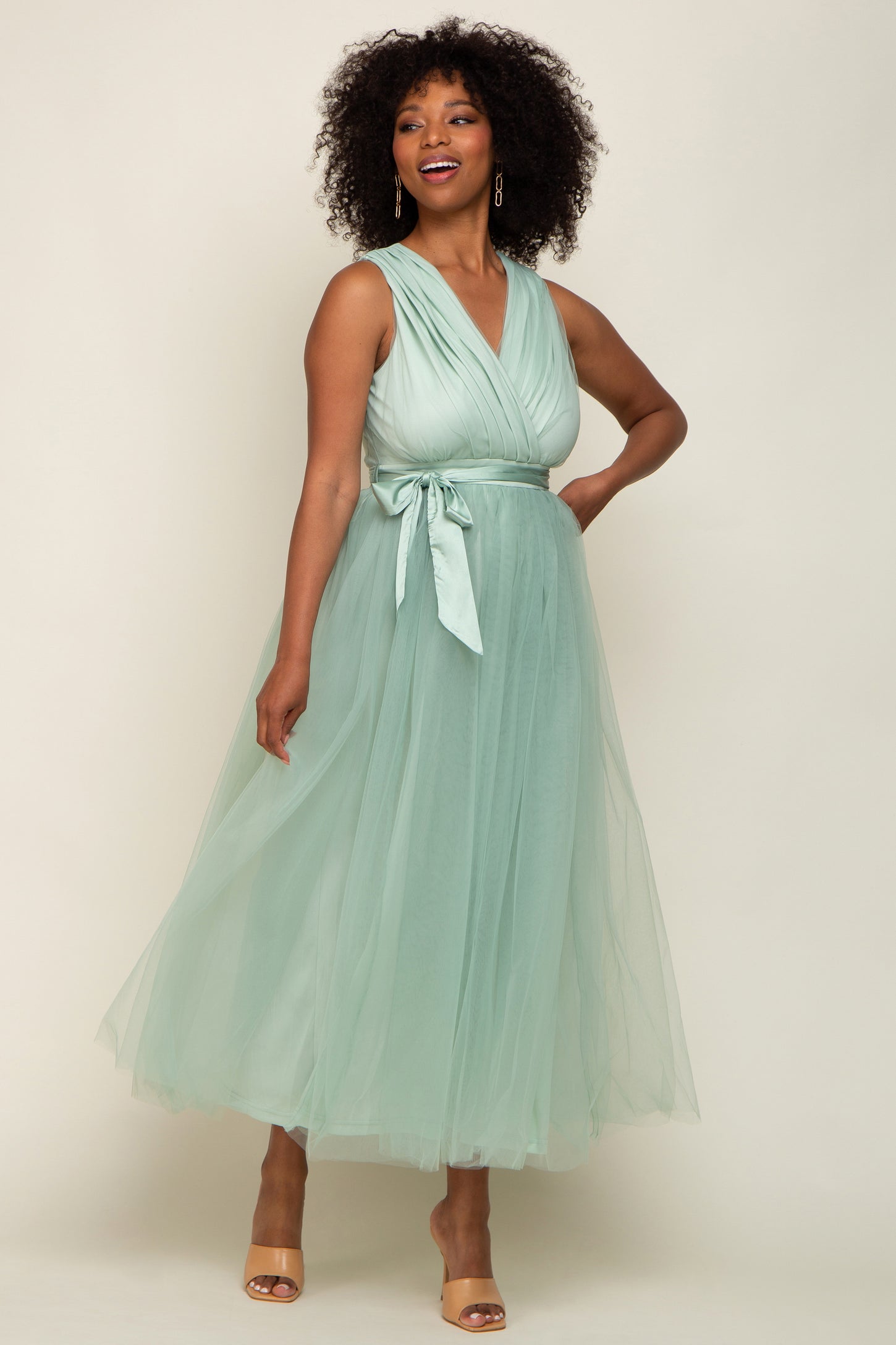 Mint Green Wrap V-Neck Waist Tie Tulle Midi Dress – PinkBlush