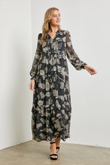 Black Floral Front Button Tiered Maxi Dress