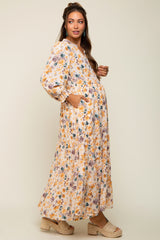 Cream Floral 3/4 Sleeve Tiered Maternity Midi Dress