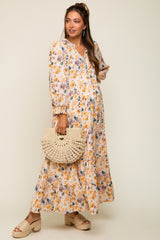 Cream Floral 3/4 Sleeve Tiered Maternity Midi Dress