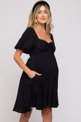 Black Puff Sleeve Maternity Dress