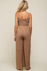 Mocha Smocked Button Accent Linen Maternity Jumpsuit