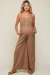 Mocha Smocked Button Accent Linen Maternity Jumpsuit