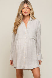 Beige Striped Button Down Maternity Shirt Dress