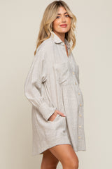 Beige Striped Button Down Maternity Shirt Dress