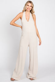 Beige Halter Front Pocket Knit Jumpsuit