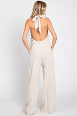 Beige Halter Front Pocket Knit Jumpsuit