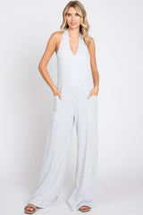 Heather Grey Halter Front Pocket Knit Maternity Jumpsuit