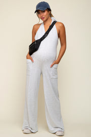 Heather Grey Halter Front Pocket Knit Maternity Jumpsuit