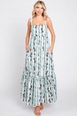 Blue Floral Striped Square Neck Maternity Maxi Dress