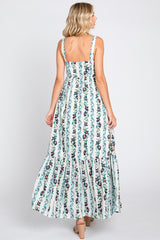 Blue Floral Striped Square Neck Maxi Dress