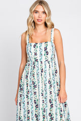 Blue Floral Striped Square Neck Maxi Dress