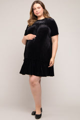 Black Ruffle Accent Velvet Maternity Plus Dress