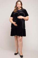 Black Ruffle Accent Velvet Maternity Plus Dress