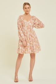 Peach Floral Long Sleeve Tiered Dress