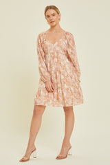 Peach Floral Long Sleeve Tiered Dress