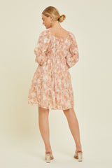 Peach Floral Long Sleeve Tiered Dress