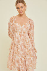 Peach Floral Long Sleeve Tiered Dress