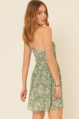 Green Floral Swiss Dot Chiffon One Shoulder Mini Dress