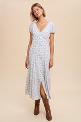 French Blue Viscose Floral Button Down Midi Dress