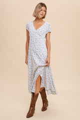 French Blue Viscose Floral Button Down Midi Dress