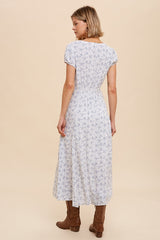 French Blue Viscose Floral Button Down Midi Dress